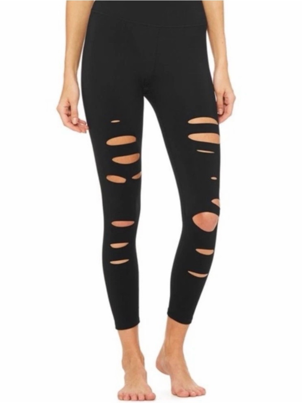 Alo Yoga Sz Large Black High Waist Ripped Warrior Women’s Leggings Cut Out